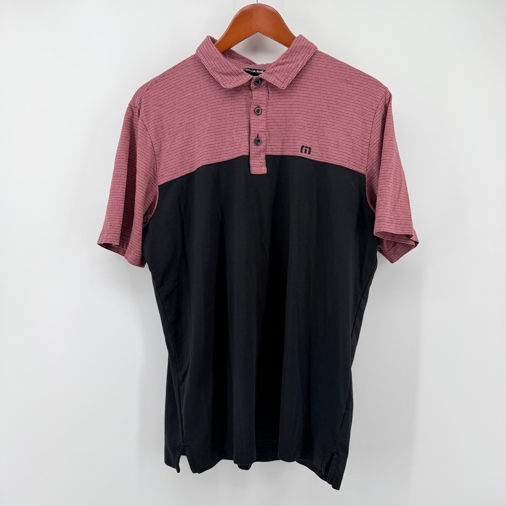 TravisMathew Large Riverbank Colorblock Polo Shirt Red Black Slub Stripe Golf